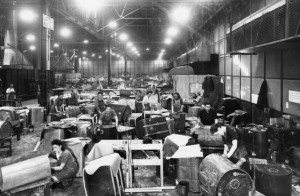 Morris Airvan Workers. All female fabricators at work on assembling boom tail section mountings.