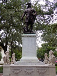 Statue of GEN J.E. Oglethorpe, Savannah GA.  Note Live Oaks sans 'strange fruit'