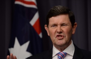 Social Services minister Kevin Andrews speaks during a press conference at Parliament House in Canberra, Thursday, Oct. 2, 2014. Mr Andrews has reintroduced all social security bills announced in the budget to parliament. (AAP Image/Alan Porritt) NO ARCHIVING