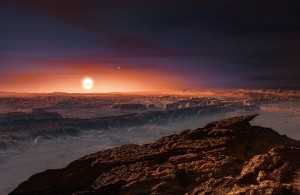 This artistâs impression shows a view of the surface of the planet Proxima b orbiting the red dwarf star Proxima Centauri, the closest star to the Solar System. The double star Alpha Centauri AB also appears in the image to the upper-right of Proxima itself. Proxima b is a little more massive than the Earth and orbits in the habitable zone around Proxima Centauri, where the temperature is suitable for liquid water to exist on its surface.